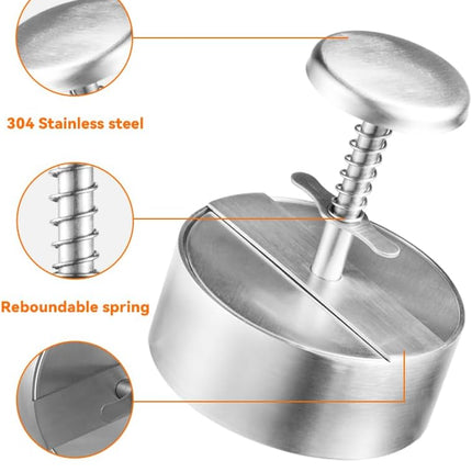 304 Stainless Steel Burger Press - 4.5" Hamburger Patty Maker, Heavy Duty Stainless Steel Burger Press for Ground Beef, Burgers (Dishwasher Safe).