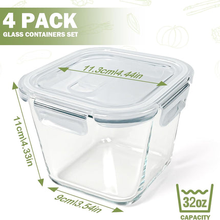 Soup Containers with Lids Glass 32 oz, 4 Cup Borosilicate Glass Food Storage Containers, Microwave & Freezer Safe Jars, Small Square Meal Prep Bowl for Salad, Fruit, Lunch, Ice Cream, Travel, 4 Pack.