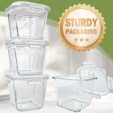 Soup Containers with Lids Glass 32 oz, 4 Cup Borosilicate Glass Food Storage Containers, Microwave & Freezer Safe Jars, Small Square Meal Prep Bowl for Salad, Fruit, Lunch, Ice Cream, Travel, 4 Pack.
