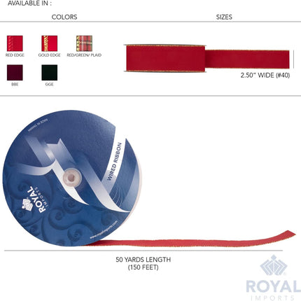 Wired Traditional Burgundy Christmas Waterproof Ribbon, Floral & Craft Decor - 2.5" (#40) - 50 Yd (150') - Burgundy Wine Edge.