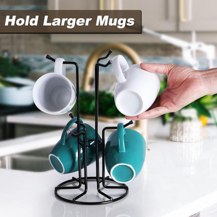 Mug Tree for Large Cups, Counter Coffee Mug Holder with 6 Hooks, Metal Coffee Cup Holder Tree, Standing Rack for Countertop, Kitchen Counter Decor, Black.