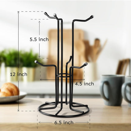 Mug Tree for Large Cups, Counter Coffee Mug Holder with 6 Hooks, Metal Coffee Cup Holder Tree, Standing Rack for Countertop, Kitchen Counter Decor, Black.