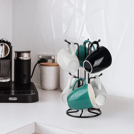 Mug Tree for Large Cups, Counter Coffee Mug Holder with 6 Hooks, Metal Coffee Cup Holder Tree, Standing Rack for Countertop, Kitchen Counter Decor, Black.