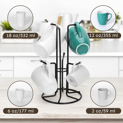Mug Tree for Large Cups, Counter Coffee Mug Holder with 6 Hooks, Metal Coffee Cup Holder Tree, Standing Rack for Countertop, Kitchen Counter Decor, Black.