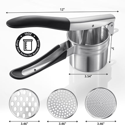 Potato Ricer,  Upgraded Stainless Steel Potato Masher with 3 Interchangeable Discs, Heavy Duty Kitchen Tool Gadget.