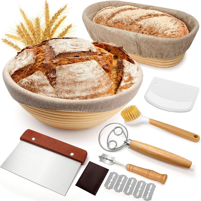 Sourdough Proofing Basket Gift Set, 9" Round and 10" Oval Banneton Bread Baking Supplies, Sourdough Baskets with Bread Lame, Danish Whish, Bowl Scraper, Sourdough Scraper, and Linen Liner.