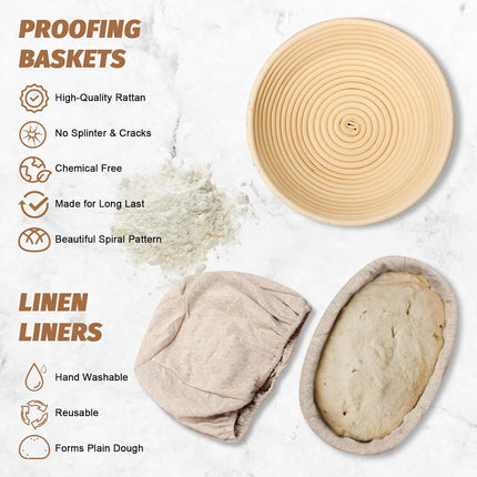 Sourdough Proofing Basket Gift Set, 9" Round and 10" Oval Banneton Bread Baking Supplies, Sourdough Baskets with Bread Lame, Danish Whish, Bowl Scraper, Sourdough Scraper, and Linen Liner.
