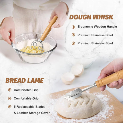 Sourdough Proofing Basket Gift Set, 9" Round and 10" Oval Banneton Bread Baking Supplies, Sourdough Baskets with Bread Lame, Danish Whish, Bowl Scraper, Sourdough Scraper, and Linen Liner.