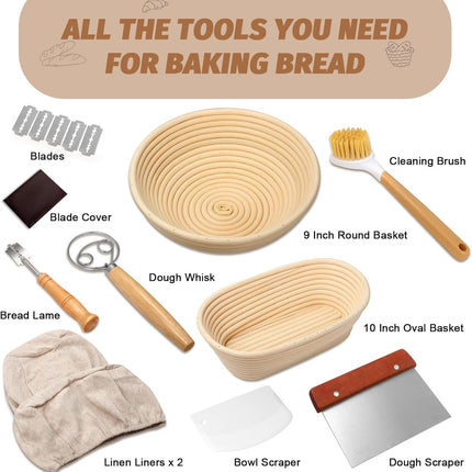 Sourdough Proofing Basket Gift Set, 9" Round and 10" Oval Banneton Bread Baking Supplies, Sourdough Baskets with Bread Lame, Danish Whish, Bowl Scraper, Sourdough Scraper, and Linen Liner.