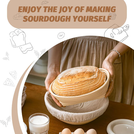 Sourdough Proofing Basket Gift Set, 9" Round and 10" Oval Banneton Bread Baking Supplies, Sourdough Baskets with Bread Lame, Danish Whish, Bowl Scraper, Sourdough Scraper, and Linen Liner.