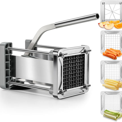 French Fry Cutter,  Professional Stainless Steel Potato Cutter with 1/2", 1/4", 3/8" & Wedge Blades for Potatoes, Carrots, Apples.