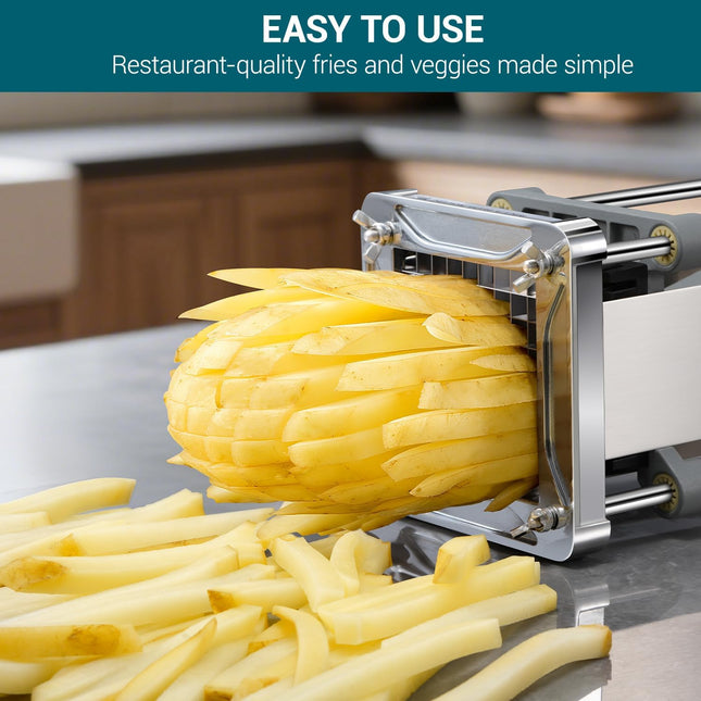 French Fry Cutter,  Professional Stainless Steel Potato Cutter with 1/2", 1/4", 3/8" & Wedge Blades for Potatoes, Carrots, Apples.