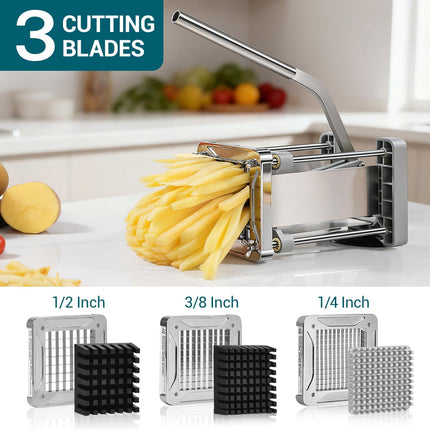 French Fry Cutter,  Professional Stainless Steel Potato Cutter with 1/2", 1/4", 3/8" & Wedge Blades for Potatoes, Carrots, Apples.