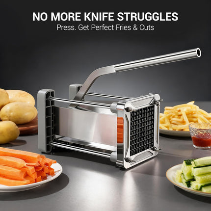 French Fry Cutter,  Professional Stainless Steel Potato Cutter with 1/2", 1/4", 3/8" & Wedge Blades for Potatoes, Carrots, Apples.