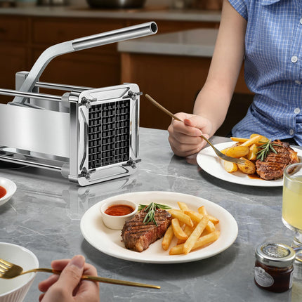 French Fry Cutter,  Professional Stainless Steel Potato Cutter with 1/2", 1/4", 3/8" & Wedge Blades for Potatoes, Carrots, Apples.
