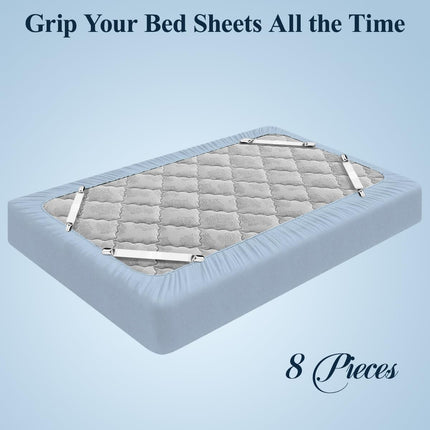 8+2 Pieces Bed Sheet Holder Straps Bed Sheet Fasteners Suspenders Holder Straps Adjustable Crisscross Elastic Band Fitted Sheets Corner Straps Grippers Clip, White.