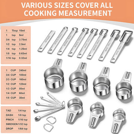 Measuring Cups and Spoons Set, 7 Stainless Steel Nesting Measuring Cups & 7 Spoons, 5 Mini Measuring Spoons &1 Leveler, Kitchen Gadgets for Cooking & Baking, Square.
