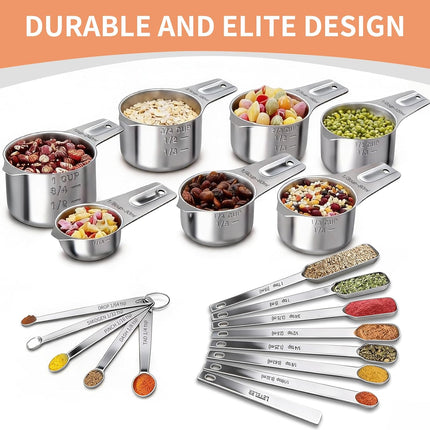 Measuring Cups and Spoons Set, 7 Stainless Steel Nesting Measuring Cups & 7 Spoons, 5 Mini Measuring Spoons &1 Leveler, Kitchen Gadgets for Cooking & Baking, Square.
