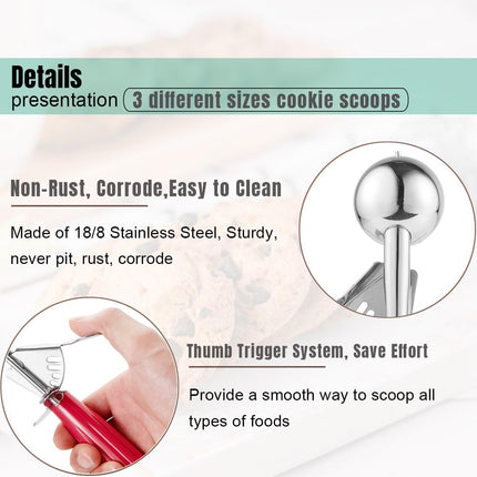 Cookie Scoop Set, Ice Cream Scoop Set, Cookie Scoops for Baking, Multiple Size Large-Medium-Small Size Disher, Professional 18/8 Stainless Steel Cupcake Scoop.
