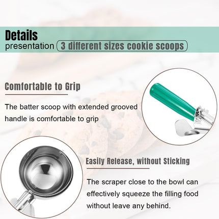 Cookie Scoop Set, Ice Cream Scoop Set, Cookie Scoops for Baking, Multiple Size Large-Medium-Small Size Disher, Professional 18/8 Stainless Steel Cupcake Scoop.