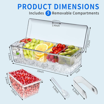 Large Ice Chilled Condiment Caddy，Chilled Condiment Containers Server with Lids for 5 Removable Compartments (2.5 cup)，Serving Platters, Fruit & Garnish Tray for Party Supplies & Bar Accessories.