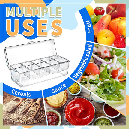 Large Ice Chilled Condiment Caddy，Chilled Condiment Containers Server with Lids for 5 Removable Compartments (2.5 cup)，Serving Platters, Fruit & Garnish Tray for Party Supplies & Bar Accessories.