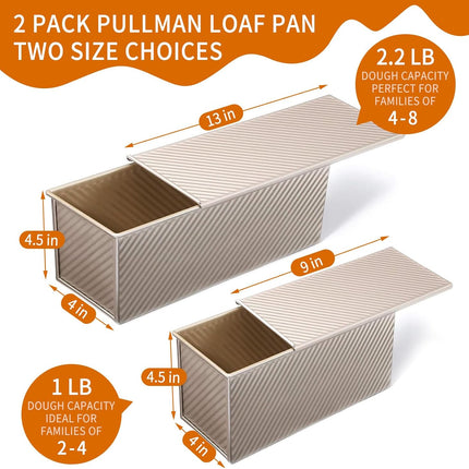 2 Pack Pullman Loaf Pan with Lid, 13x4 & 9x4 inch (2.2 lb & 1 lb Dough Capacity), Non-Stick Sandwich Bread Loaf Pan for Homemade Baking Bread, Gold.