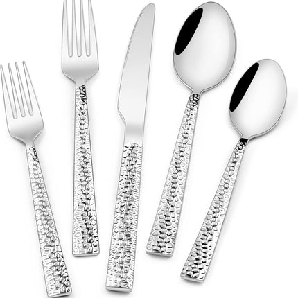 Hammered Silverware Set, 40-Piece Stainless Steel Square Flatware Set for 8, Food-Grade Tableware Cutlery Set, Utensil Sets for Home Restaurant, Mirror Finish, Dishwasher Safe.