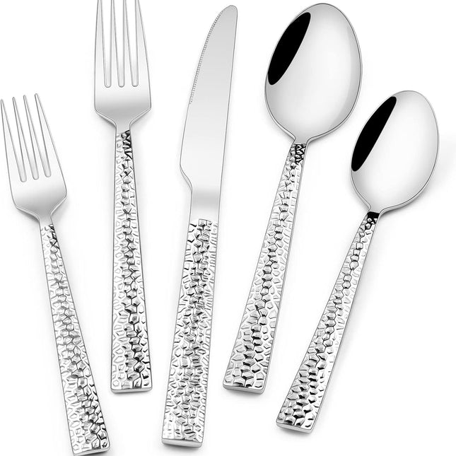 Hammered Silverware Set, 40-Piece Stainless Steel Square Flatware Set for 8, Food-Grade Tableware Cutlery Set, Utensil Sets for Home Restaurant, Mirror Finish, Dishwasher Safe.