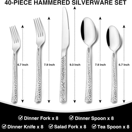 Hammered Silverware Set, 40-Piece Stainless Steel Square Flatware Set for 8, Food-Grade Tableware Cutlery Set, Utensil Sets for Home Restaurant, Mirror Finish, Dishwasher Safe.