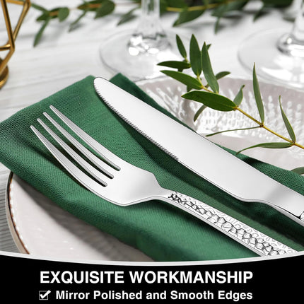 Hammered Silverware Set, 40-Piece Stainless Steel Square Flatware Set for 8, Food-Grade Tableware Cutlery Set, Utensil Sets for Home Restaurant, Mirror Finish, Dishwasher Safe.