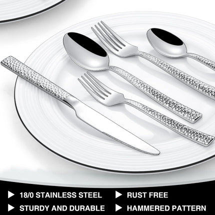 Hammered Silverware Set, 40-Piece Stainless Steel Square Flatware Set for 8, Food-Grade Tableware Cutlery Set, Utensil Sets for Home Restaurant, Mirror Finish, Dishwasher Safe.