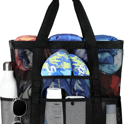 Mesh Beach Bag - Large Beach Tote with Multi Functional Pockets for Family Travel/Vacation.