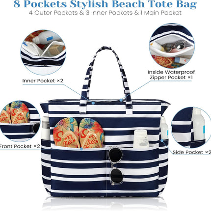 Beach Bags for Women Waterproof Sandproof Women Tote Bag, Large Beach Bag with Zipper for Gym Travel Vocation.