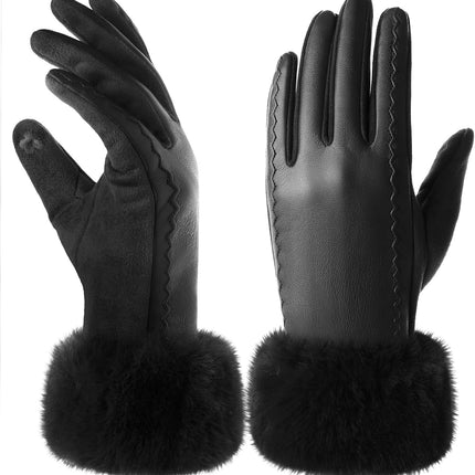 Leather Gloves for Women, Warm Winter Gloves Women with Plush Cuff, Touchscreen Womens Gloves for Cold Weather.
