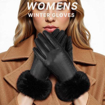 Leather Gloves for Women, Warm Winter Gloves Women with Plush Cuff, Touchscreen Womens Gloves for Cold Weather.
