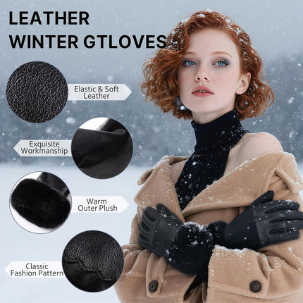 Leather Gloves for Women, Warm Winter Gloves Women with Plush Cuff, Touchscreen Womens Gloves for Cold Weather.