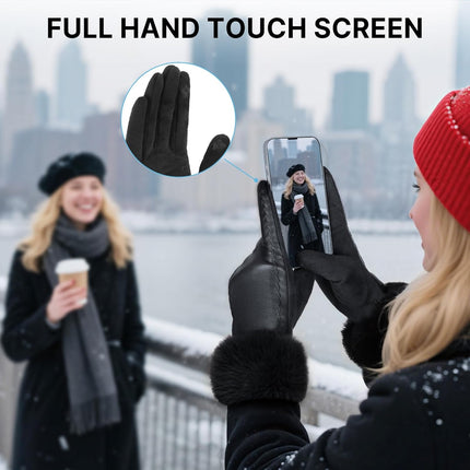 Leather Gloves for Women, Warm Winter Gloves Women with Plush Cuff, Touchscreen Womens Gloves for Cold Weather.