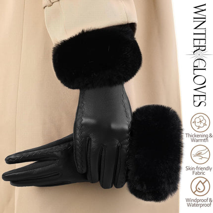 Leather Gloves for Women, Warm Winter Gloves Women with Plush Cuff, Touchscreen Womens Gloves for Cold Weather.