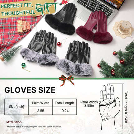 Leather Gloves for Women, Warm Winter Gloves Women with Plush Cuff, Touchscreen Womens Gloves for Cold Weather.