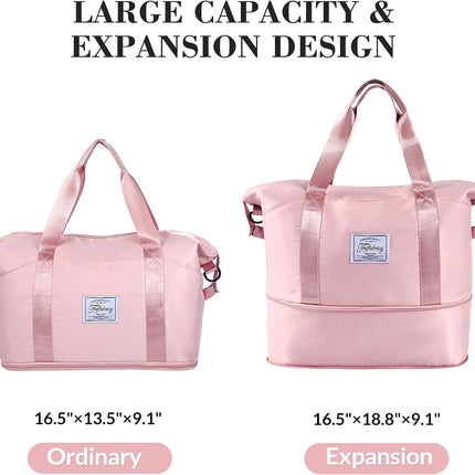 Travel Duffel Bag - Large Shoulder Weekender Overnight Bag, Carry on Bags with Wet Pocket, Waterproof Expandable Duffel Bags with Trolley Sleeve for Sports Travel Gym, Pink.