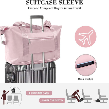 Travel Duffel Bag - Large Shoulder Weekender Overnight Bag, Carry on Bags with Wet Pocket, Waterproof Expandable Duffel Bags with Trolley Sleeve for Sports Travel Gym, Pink.
