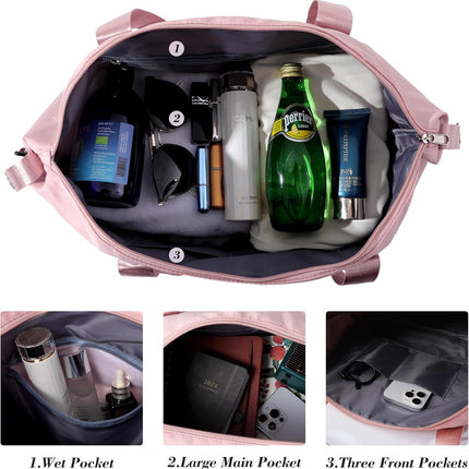Travel Duffel Bag - Large Shoulder Weekender Overnight Bag, Carry on Bags with Wet Pocket, Waterproof Expandable Duffel Bags with Trolley Sleeve for Sports Travel Gym, Pink.