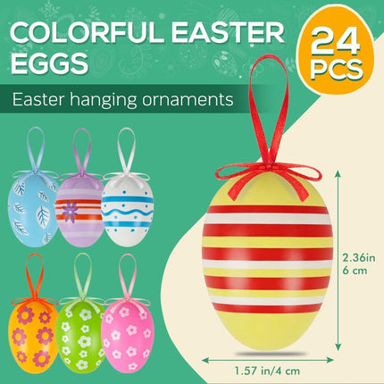 24PCS Hanging Easter Eggs – Reusable Plastic Easter Egg Decorations for Tree Ornaments, Basket, Party & Home Decor (5g Each, 4cm x 6cm).