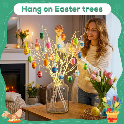 24PCS Hanging Easter Eggs – Reusable Plastic Easter Egg Decorations for Tree Ornaments, Basket, Party & Home Decor (5g Each, 4cm x 6cm).