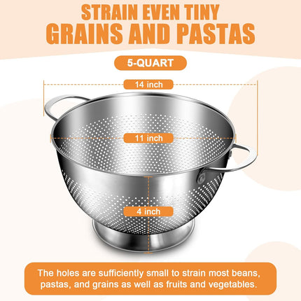 Stainless Steel Colander for Kitchen | 5 Quart Durable Rice and Pasta Strainer with Handle | Oversized Handles | Nesting Design | Rust-Resistant & Dishwasher Safe.