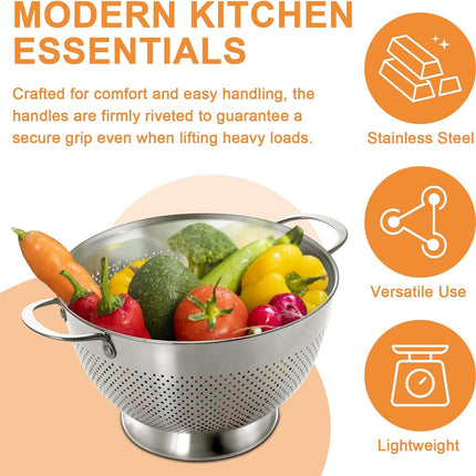 Stainless Steel Colander for Kitchen | 5 Quart Durable Rice and Pasta Strainer with Handle | Oversized Handles | Nesting Design | Rust-Resistant & Dishwasher Safe.
