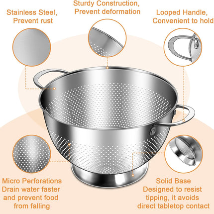 Stainless Steel Colander for Kitchen | 5 Quart Durable Rice and Pasta Strainer with Handle | Oversized Handles | Nesting Design | Rust-Resistant & Dishwasher Safe.