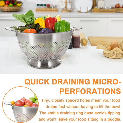 Stainless Steel Colander for Kitchen | 5 Quart Durable Rice and Pasta Strainer with Handle | Oversized Handles | Nesting Design | Rust-Resistant & Dishwasher Safe.