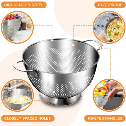 Stainless Steel Colander for Kitchen | 5 Quart Durable Rice and Pasta Strainer with Handle | Oversized Handles | Nesting Design | Rust-Resistant & Dishwasher Safe.